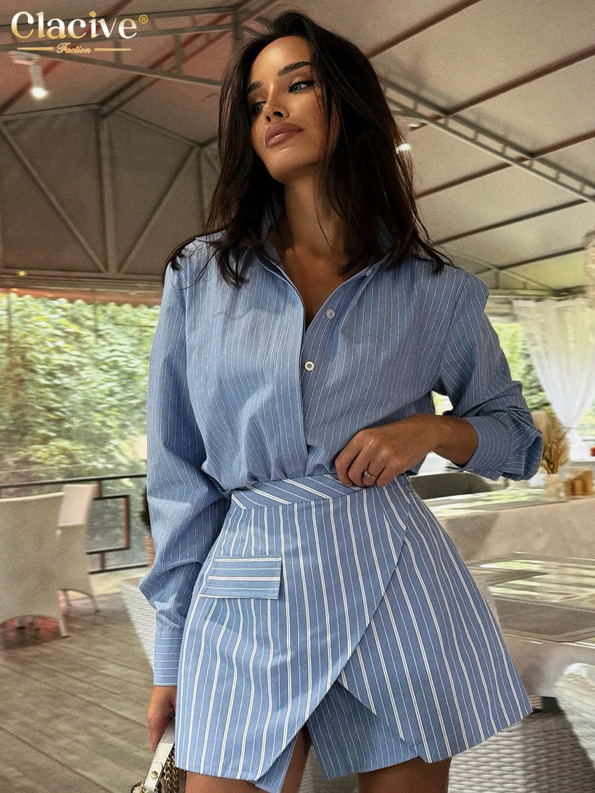 Clacive Fashion Loose Stripe Print Woman 2 Piece Set Outfit Elegant Long Sleeve Shirt With High Waist Mini Skirt Set Female