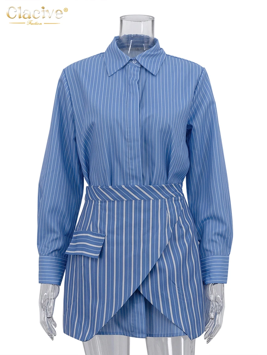 Clacive Fashion Loose Stripe Print Woman 2 Piece Set Outfit Elegant Long Sleeve Shirt With High Waist Mini Skirt Set Female
