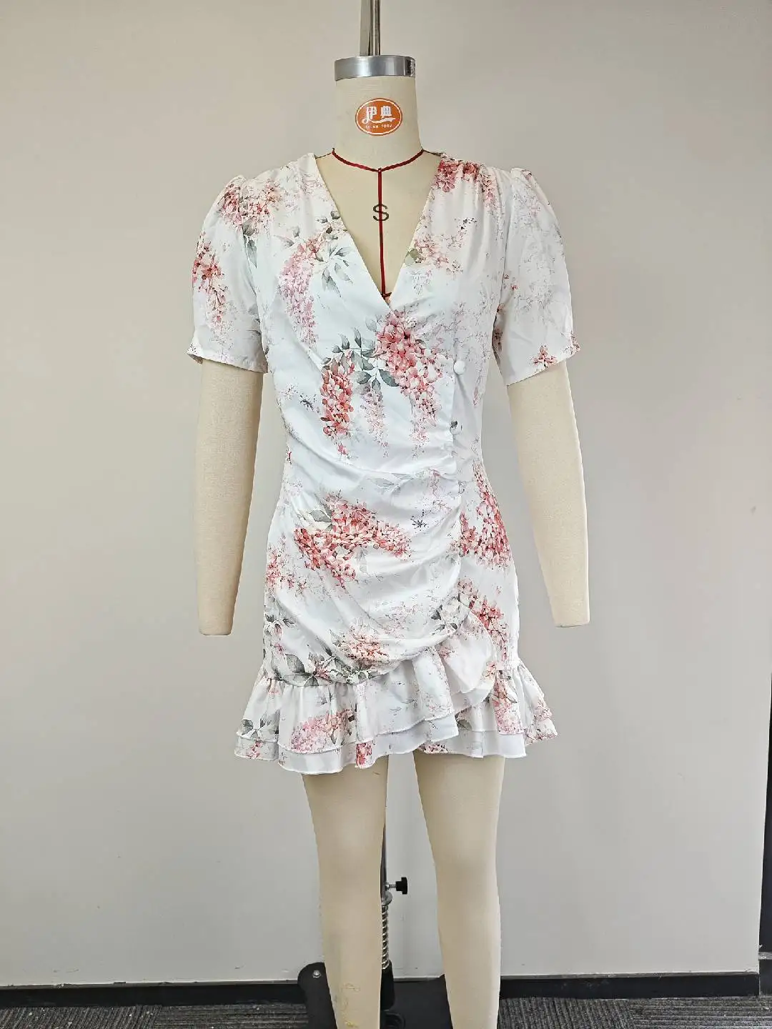 Women Sexy Flora Painted Ruffle Slim Dress Chic Deep V-neck Double Layered Ruffled Hem Dresses Lady New Daily Party Gowns