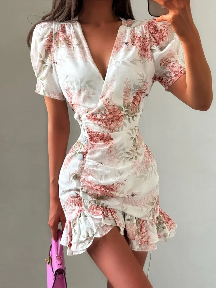 Women Sexy Flora Painted Ruffle Slim Dress Chic Deep V-neck Double Layered Ruffled Hem Dresses Lady New Daily Party Gowns