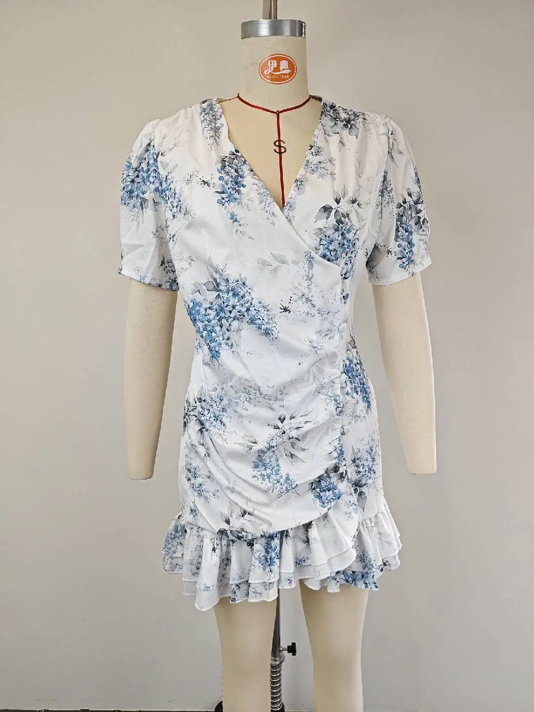 Women Sexy Flora Painted Ruffle Slim Dress Chic Deep V-neck Double Layered Ruffled Hem Dresses Lady New Daily Party Gowns