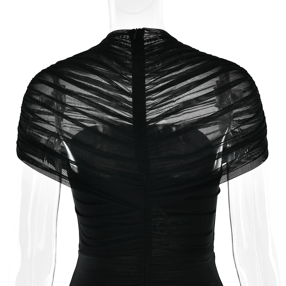 JULISSA MO Sexy Hollow Out Turtleneck Women Maxi Dress Coffee Short Sleeve See Through Mesh Bodycon Elegant Party Evening Dress