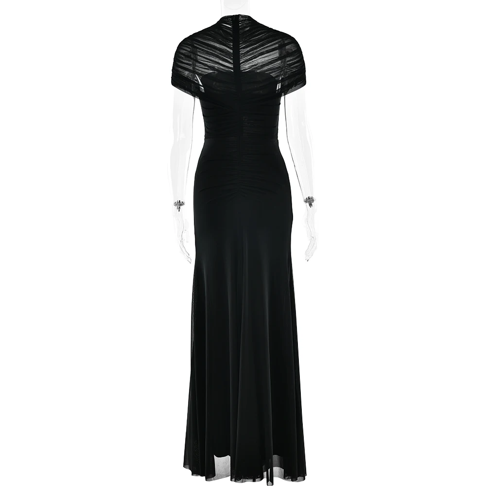 JULISSA MO Sexy Hollow Out Turtleneck Women Maxi Dress Coffee Short Sleeve See Through Mesh Bodycon Elegant Party Evening Dress