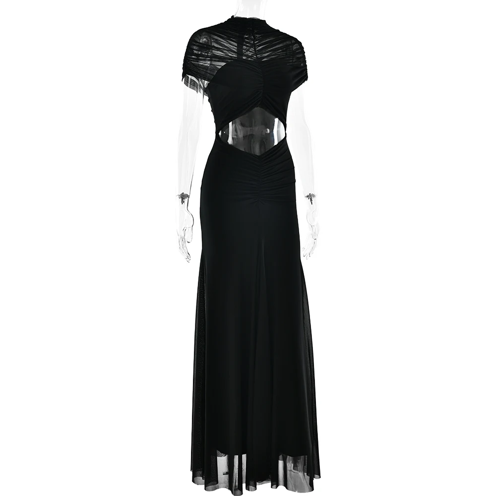 JULISSA MO Sexy Hollow Out Turtleneck Women Maxi Dress Coffee Short Sleeve See Through Mesh Bodycon Elegant Party Evening Dress