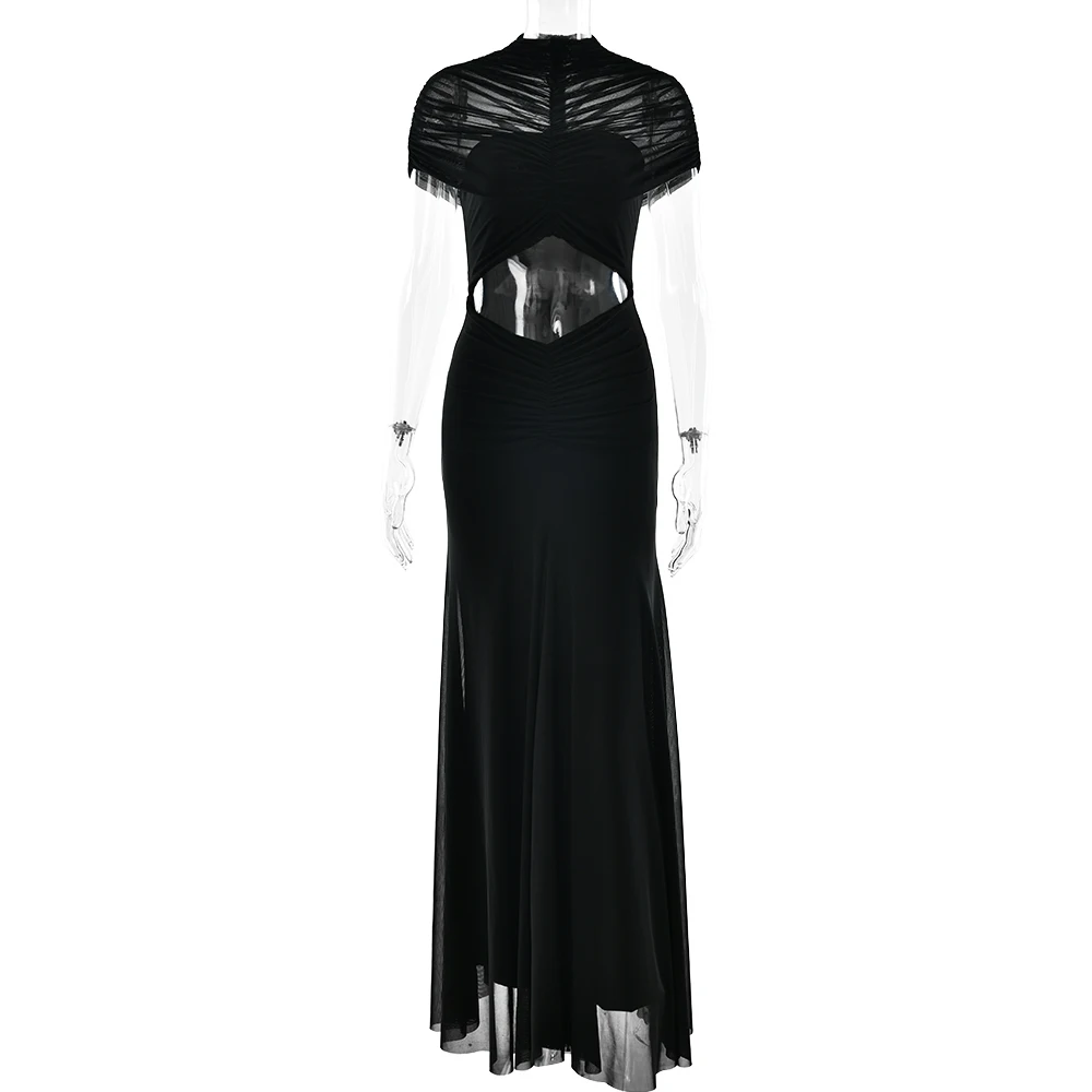 JULISSA MO Sexy Hollow Out Turtleneck Women Maxi Dress Coffee Short Sleeve See Through Mesh Bodycon Elegant Party Evening Dress
