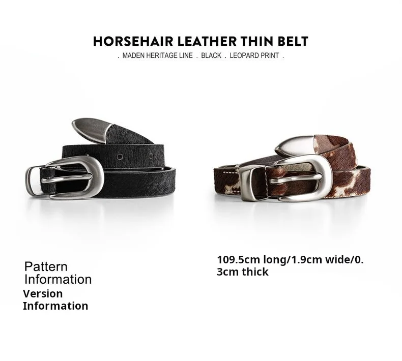 Maden Women’s Leather Belt Vintage Black Leopard Print Narrow Cowhide Belt with Pin Buckle Fashion Female Waist Accessories