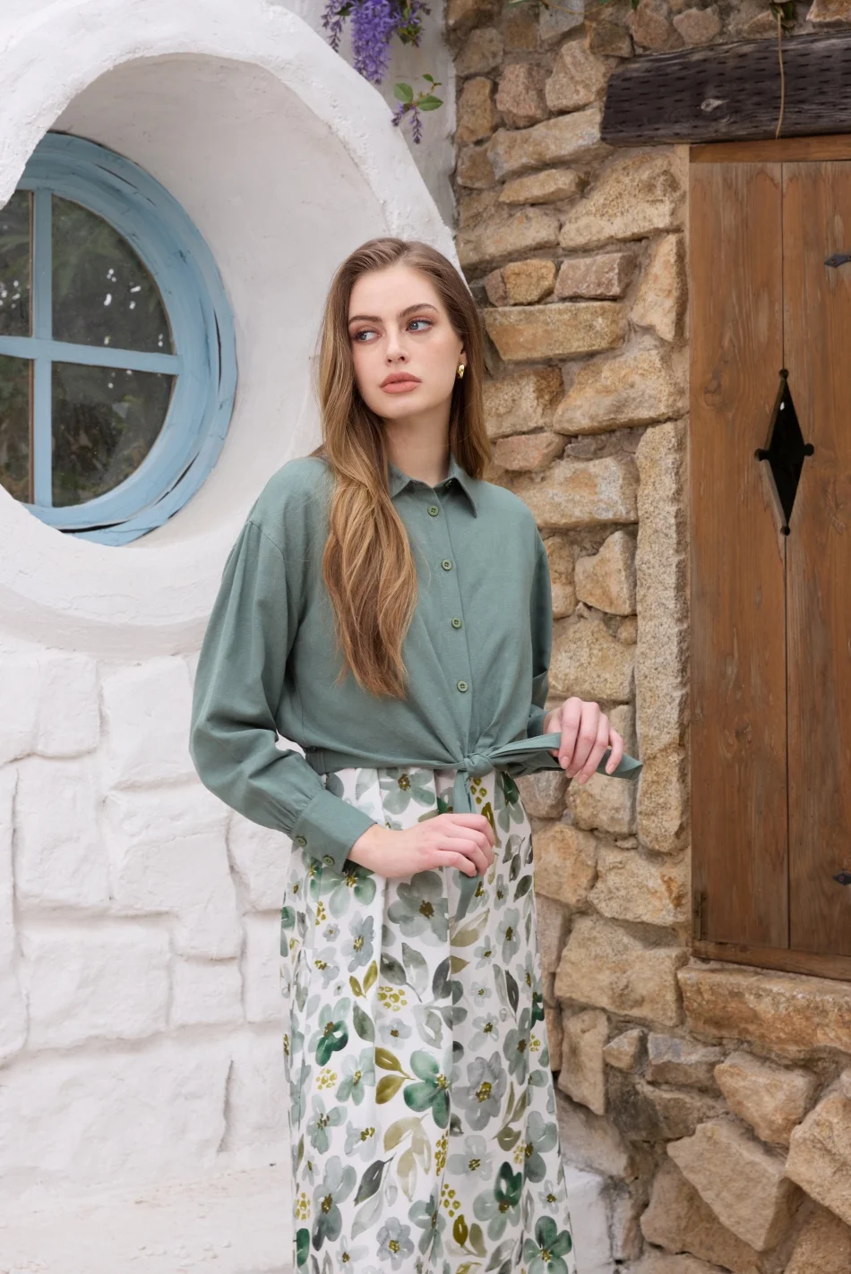 AS SS26 linen shirt + print dress collection high quality print linen and knitting cardigan woman outfit