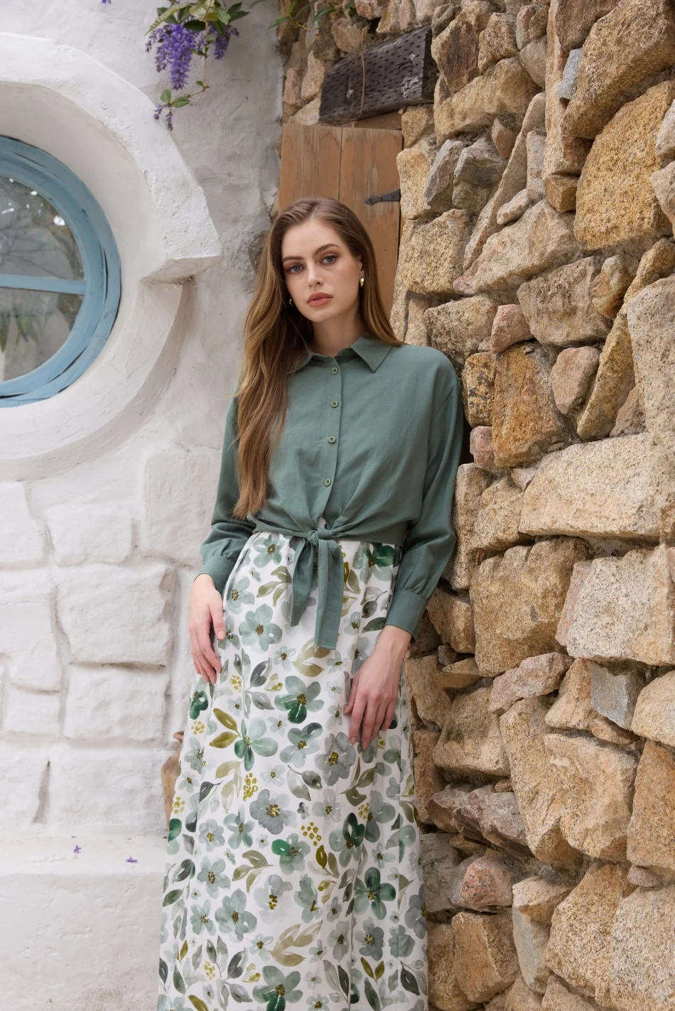 AS SS26 linen shirt + print dress collection high quality print linen and knitting cardigan woman outfit