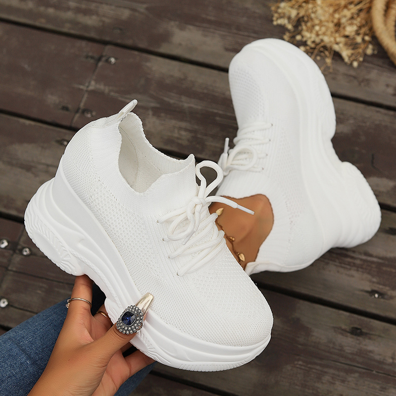 White Knitted Wedge Heels Sneakers Women Spring Autumn Breathable Chunky Platform Sneakers Woman Slip On Mesh Running Shoes 42