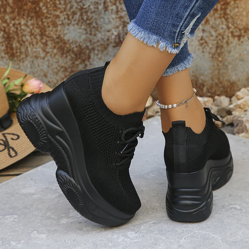 White Knitted Wedge Heels Sneakers Women Spring Autumn Breathable Chunky Platform Sneakers Woman Slip On Mesh Running Shoes 42