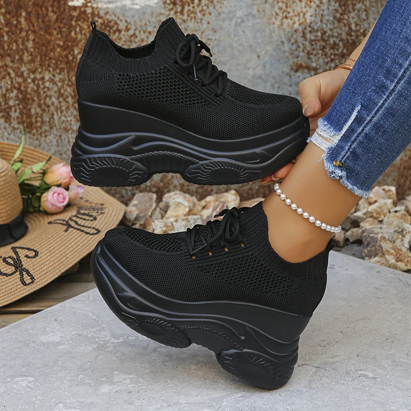 White Knitted Wedge Heels Sneakers Women Spring Autumn Breathable Chunky Platform Sneakers Woman Slip On Mesh Running Shoes 42