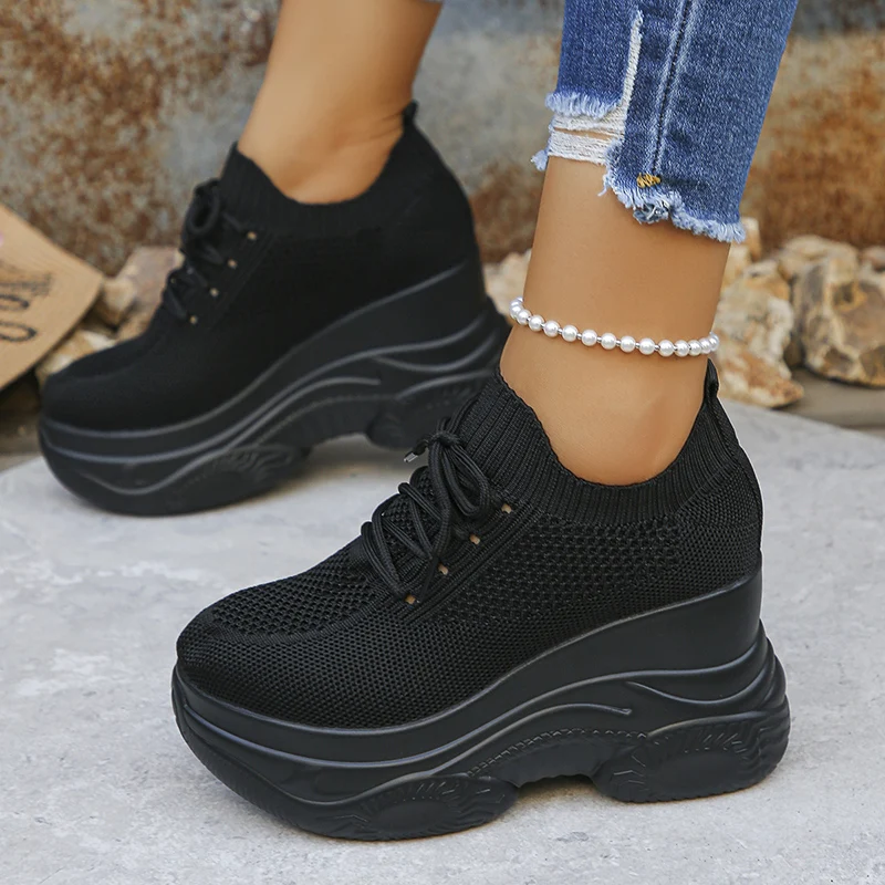 White Knitted Wedge Heels Sneakers Women Spring Autumn Breathable Chunky Platform Sneakers Woman Slip On Mesh Running Shoes 42