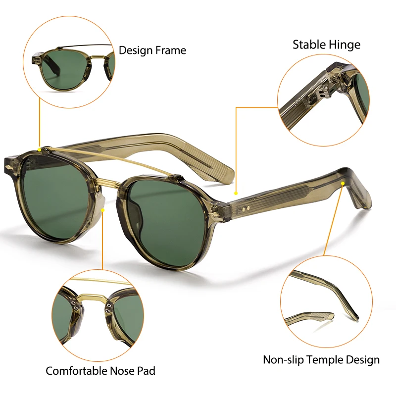CATERSIDE New RetroPilot Men's Round Sunglasses Classic Double Bridge Design Sun Glasses Women's Outdoor Travel Glasses UV400