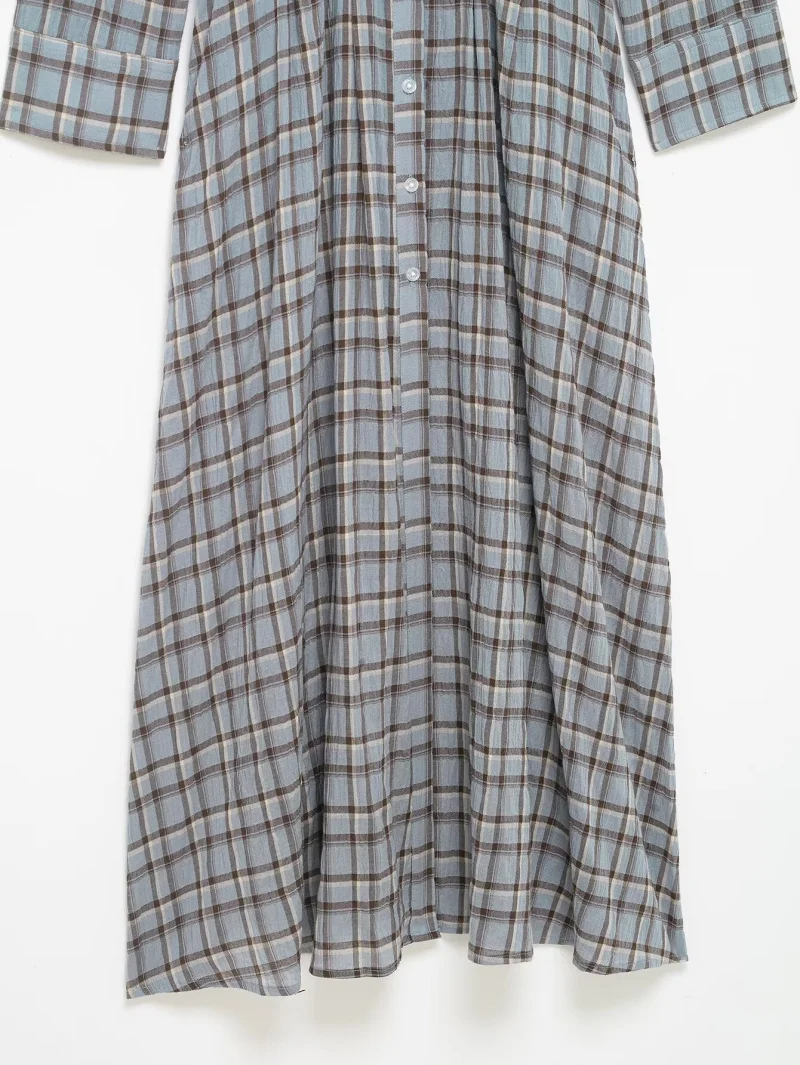 ETJ 2026 Spring Women's New Collection - Elegant and Simple Shoulder Emblem Decorated Checkered Shirt-style Long Dress