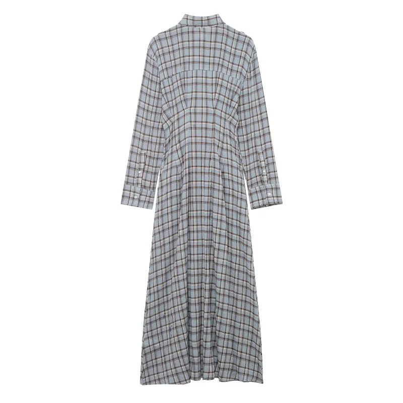 ETJ 2026 Spring Women's New Collection - Elegant and Simple Shoulder Emblem Decorated Checkered Shirt-style Long Dress