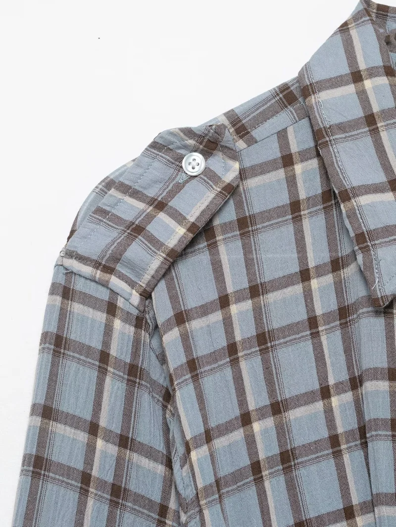 ETJ 2026 Spring Women's New Collection - Elegant and Simple Shoulder Emblem Decorated Checkered Shirt-style Long Dress