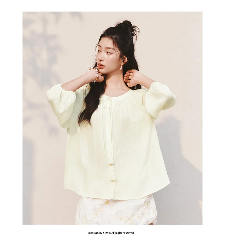 Semir Women Shirt 7/8 Lantern Sleeve Tassel Oversized Texture Shirt 2026 Summer Artistic Style