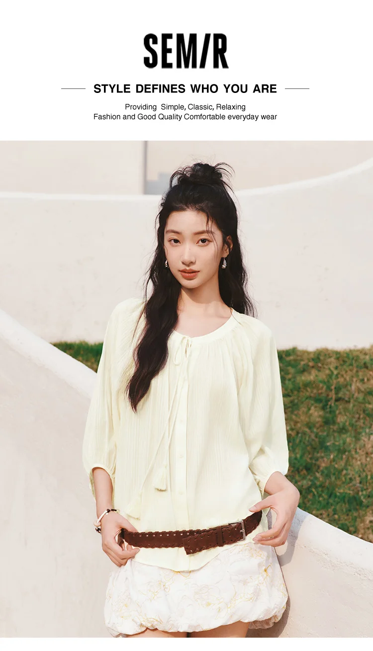 Semir Women Shirt 7/8 Lantern Sleeve Tassel Oversized Texture Shirt 2026 Summer Artistic Style