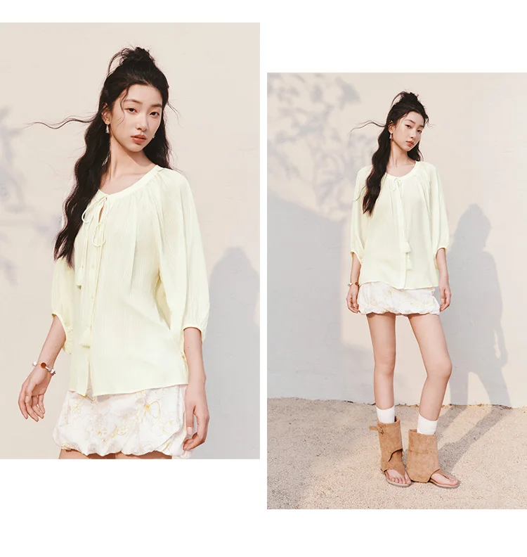 Semir Women Shirt 7/8 Lantern Sleeve Tassel Oversized Texture Shirt 2026 Summer Artistic Style