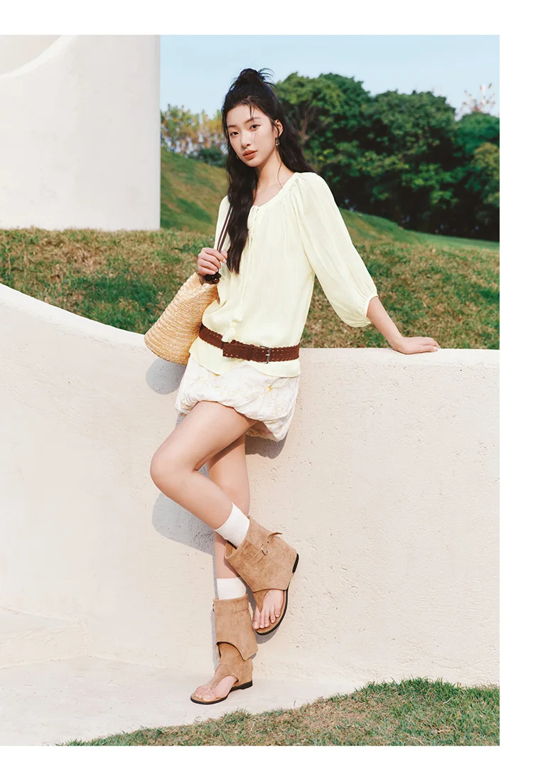 Semir Women Shirt 7/8 Lantern Sleeve Tassel Oversized Texture Shirt 2026 Summer Artistic Style