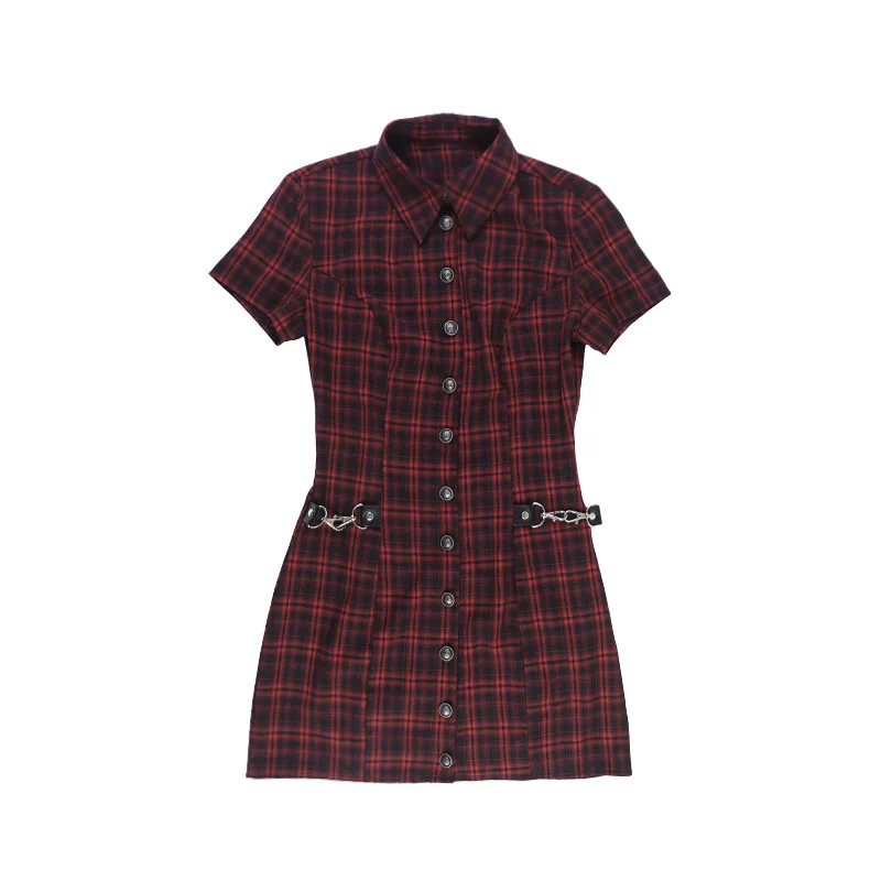AltGoth Harajuku Vintage Red Plaid Dress Women Dark Gothic Streetwear Y2k E-girl Emo Alternative Grunge High Waist Bodycon Dress
