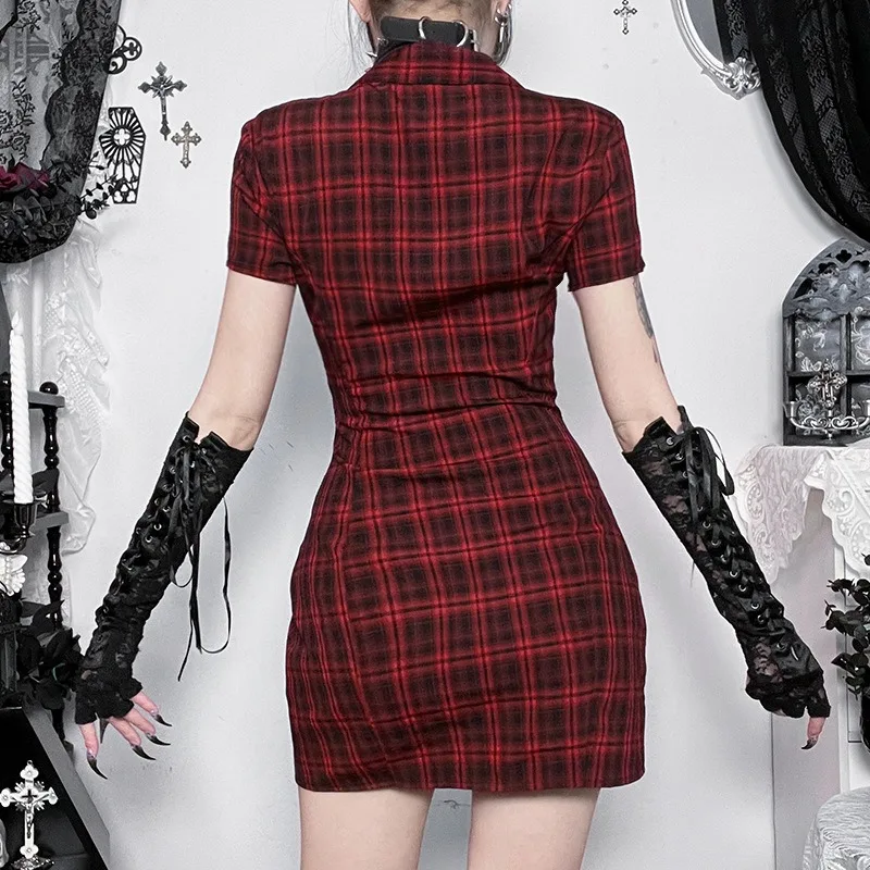 AltGoth Harajuku Vintage Red Plaid Dress Women Dark Gothic Streetwear Y2k E-girl Emo Alternative Grunge High Waist Bodycon Dress