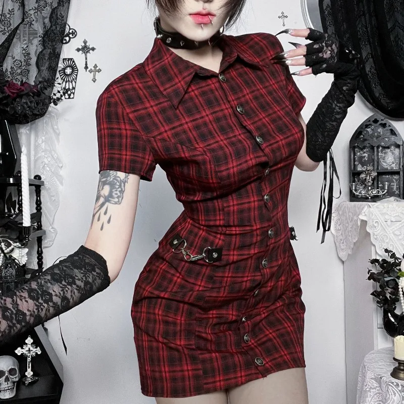 AltGoth Harajuku Vintage Red Plaid Dress Women Dark Gothic Streetwear Y2k E-girl Emo Alternative Grunge High Waist Bodycon Dress