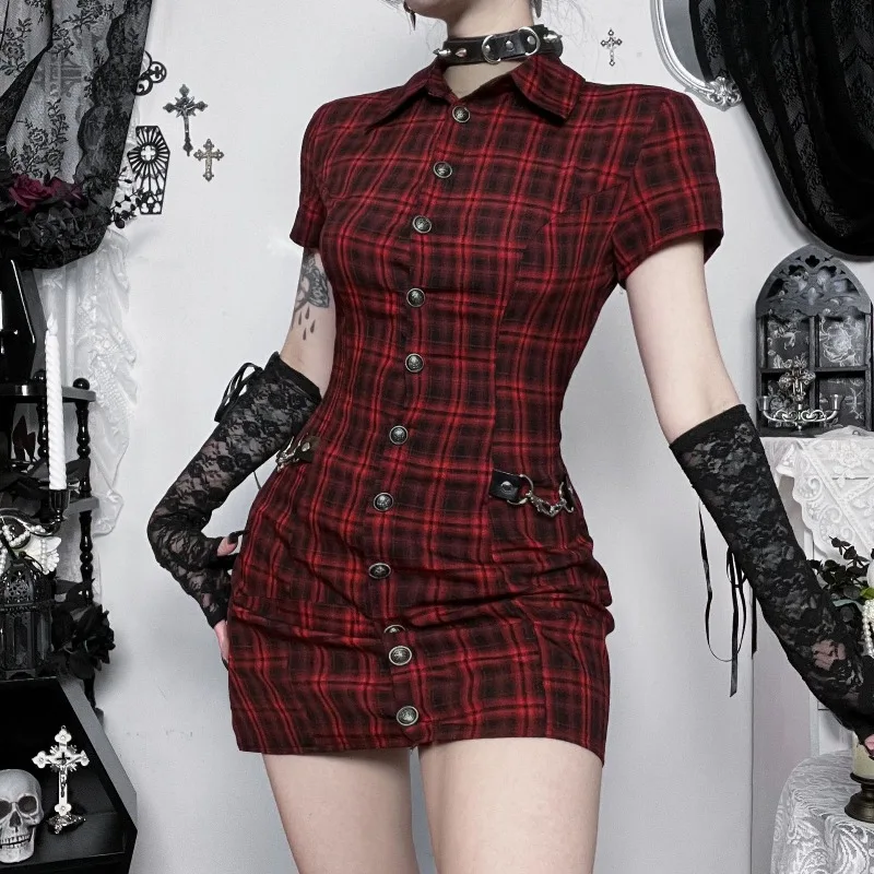 AltGoth Harajuku Vintage Red Plaid Dress Women Dark Gothic Streetwear Y2k E-girl Emo Alternative Grunge High Waist Bodycon Dress