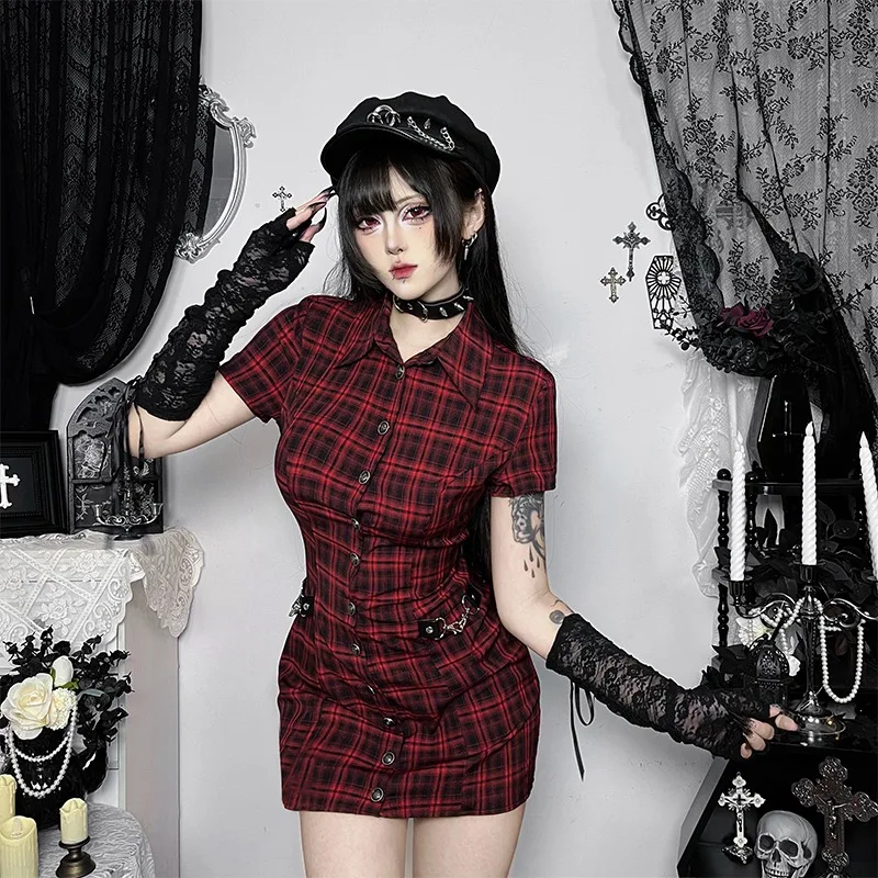 AltGoth Harajuku Vintage Red Plaid Dress Women Dark Gothic Streetwear Y2k E-girl Emo Alternative Grunge High Waist Bodycon Dress