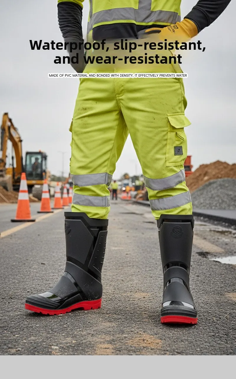 Trendy and Fashionable Men's Black and Red Medium and High Rain Boots Outdoor Extra Large Size Black Anti-fouling Water Boots