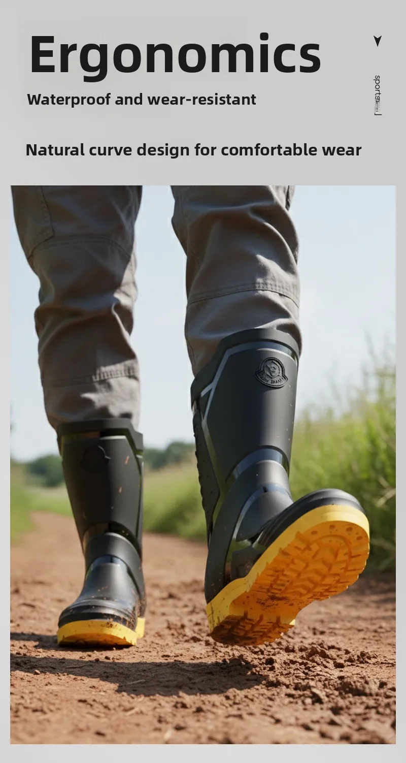Trendy and Fashionable Men's Black and Red Medium and High Rain Boots Outdoor Extra Large Size Black Anti-fouling Water Boots