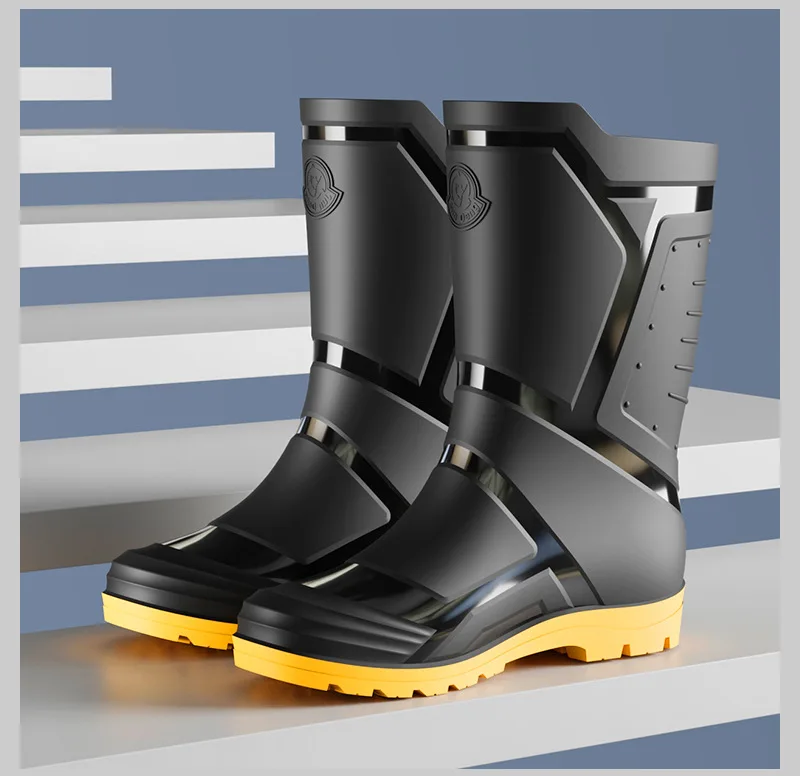 Trendy and Fashionable Men's Black and Red Medium and High Rain Boots Outdoor Extra Large Size Black Anti-fouling Water Boots