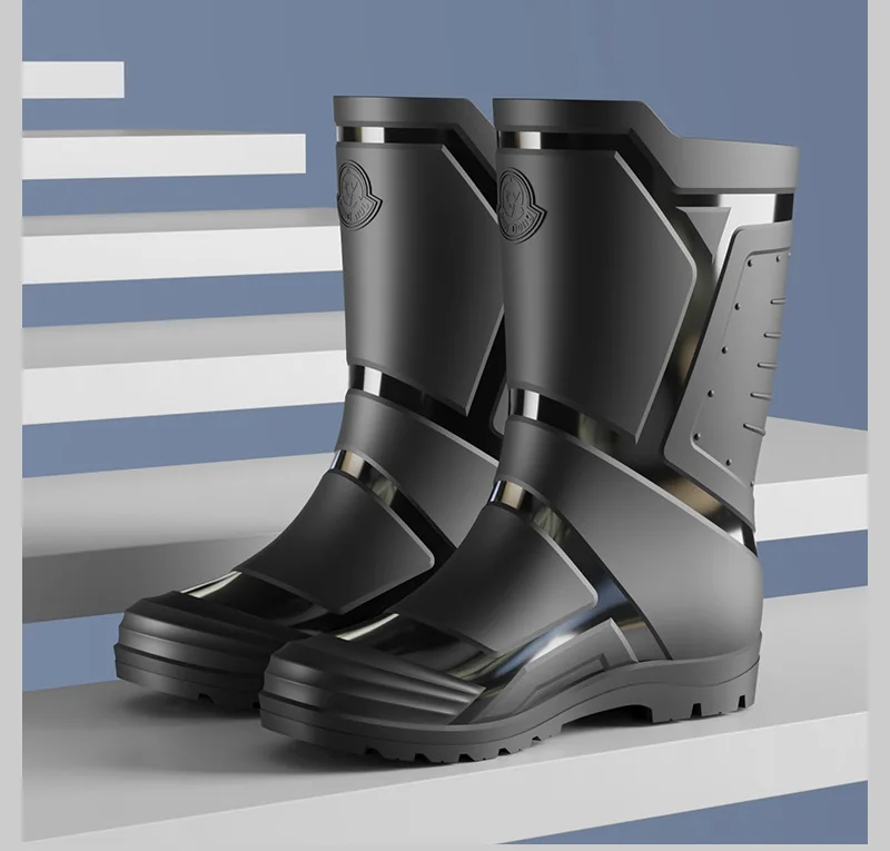 Trendy and Fashionable Men's Black and Red Medium and High Rain Boots Outdoor Extra Large Size Black Anti-fouling Water Boots
