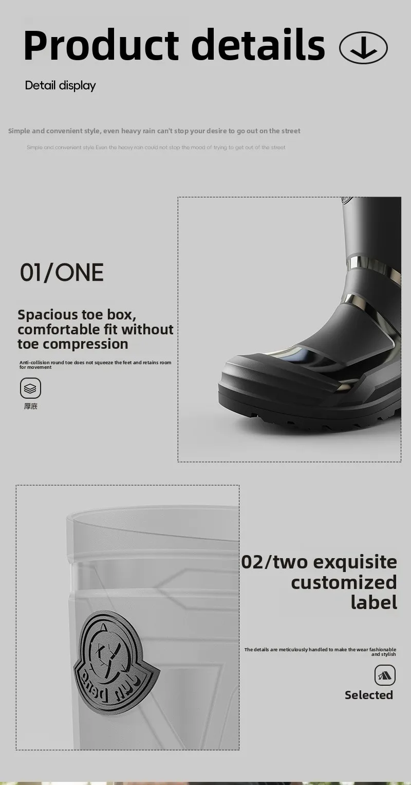 Trendy and Fashionable Men's Black and Red Medium and High Rain Boots Outdoor Extra Large Size Black Anti-fouling Water Boots