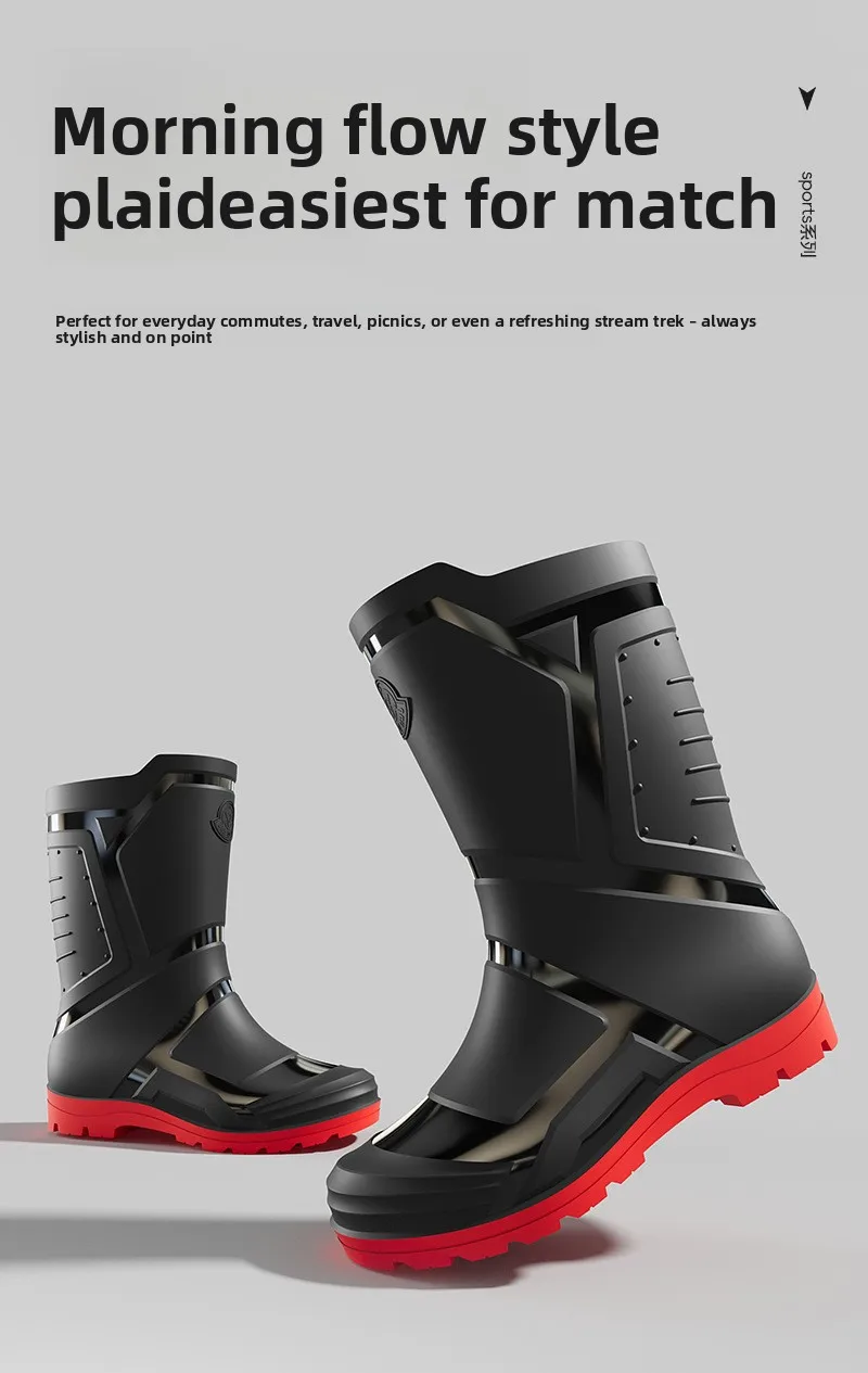 Trendy and Fashionable Men's Black and Red Medium and High Rain Boots Outdoor Extra Large Size Black Anti-fouling Water Boots
