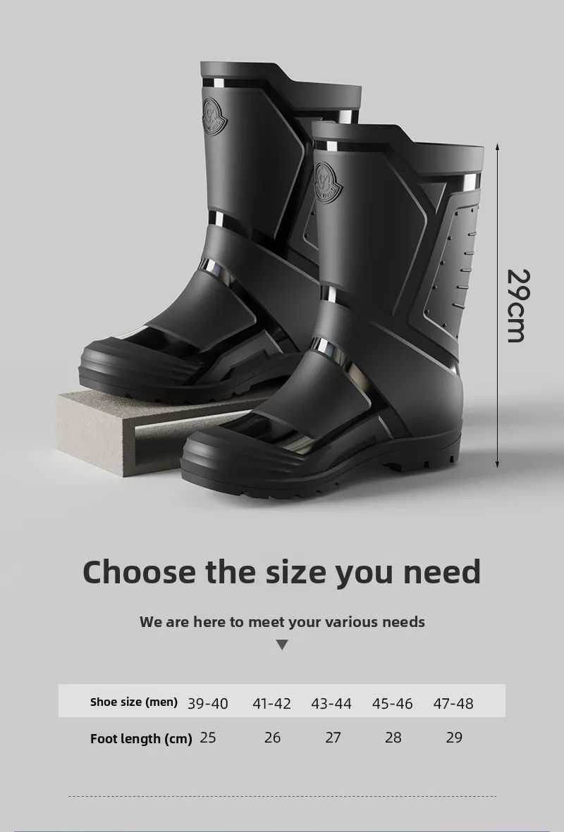 Trendy and Fashionable Men's Black and Red Medium and High Rain Boots Outdoor Extra Large Size Black Anti-fouling Water Boots
