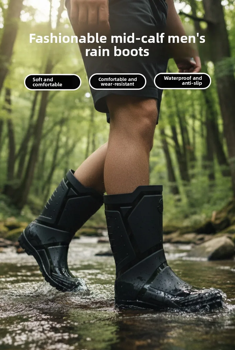 Trendy and Fashionable Men's Black and Red Medium and High Rain Boots Outdoor Extra Large Size Black Anti-fouling Water Boots