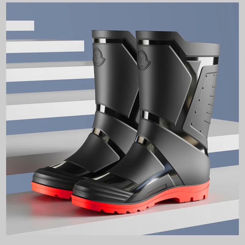 Trendy and Fashionable Men's Black and Red Medium and High Rain Boots Outdoor Extra Large Size Black Anti-fouling Water Boots