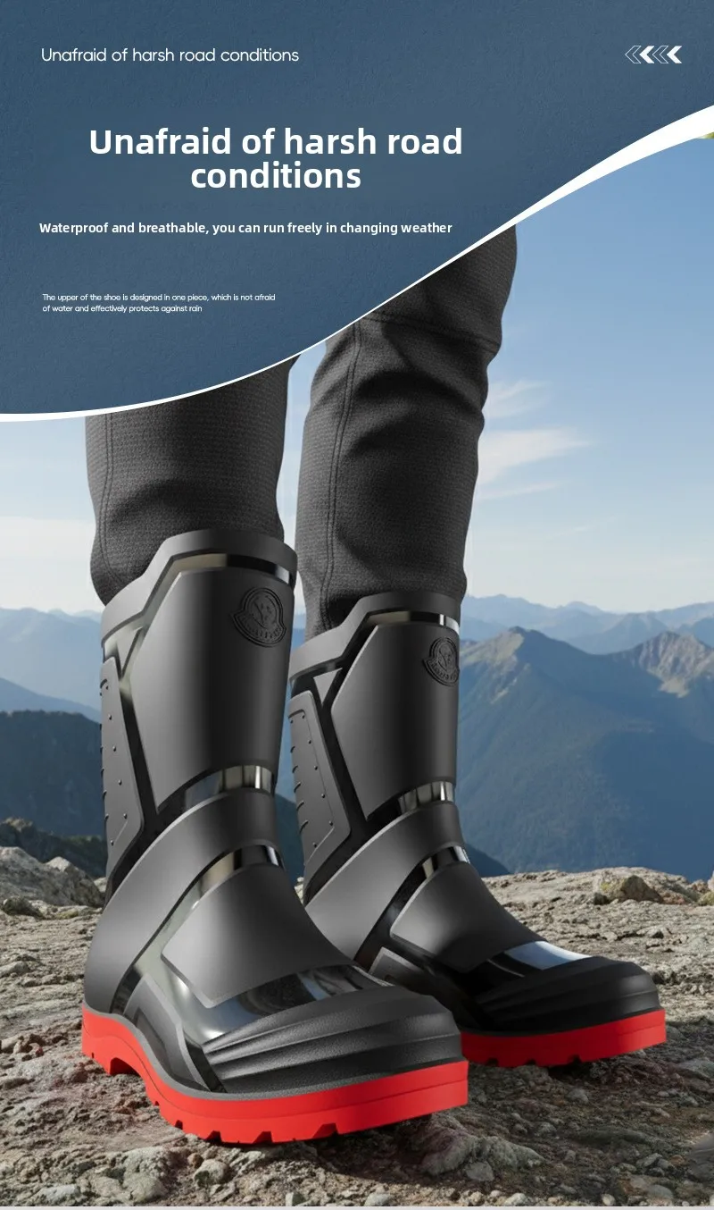 Trendy and Fashionable Men's Black and Red Medium and High Rain Boots Outdoor Extra Large Size Black Anti-fouling Water Boots