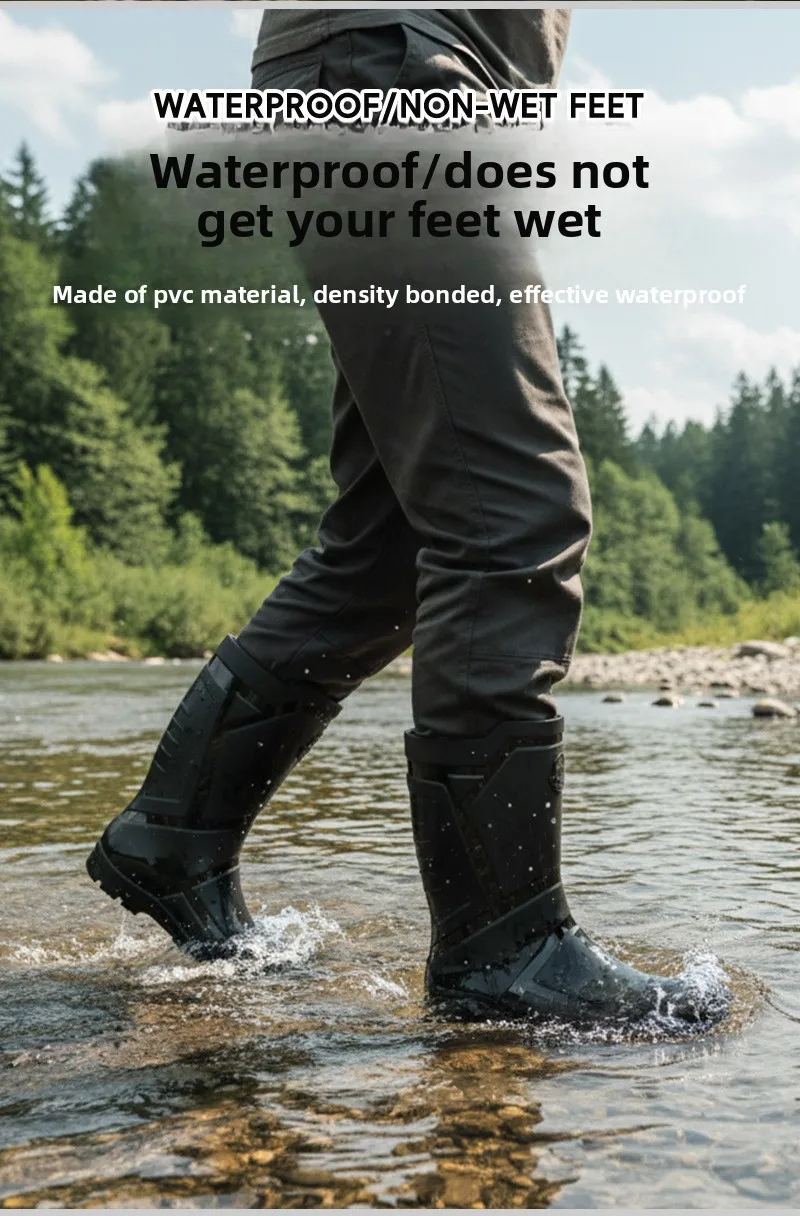 Trendy and Fashionable Men's Black and Red Medium and High Rain Boots Outdoor Extra Large Size Black Anti-fouling Water Boots