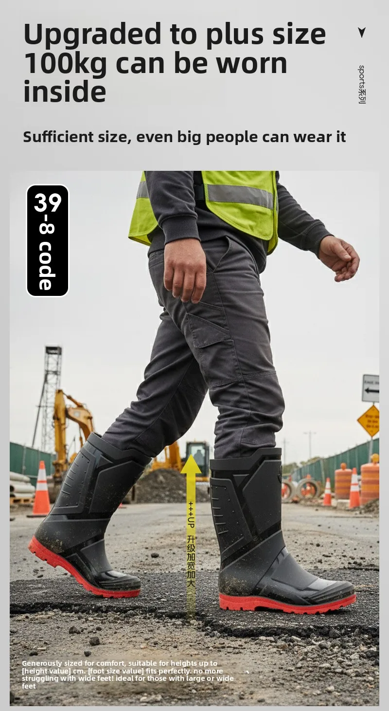 Trendy and Fashionable Men's Black and Red Medium and High Rain Boots Outdoor Extra Large Size Black Anti-fouling Water Boots