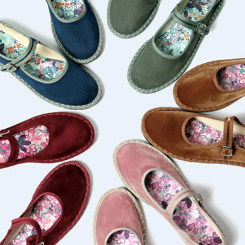 2026 Spring Designer Ballet Flats for Women Luxury Velvet Floral Pattern Buckle Design Mary Jane Shoes Elegant Party Dress Shoes