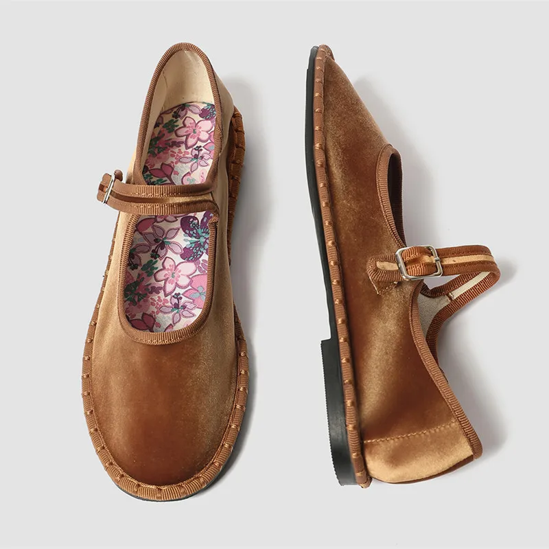 2026 Spring Designer Ballet Flats for Women Luxury Velvet Floral Pattern Buckle Design Mary Jane Shoes Elegant Party Dress Shoes