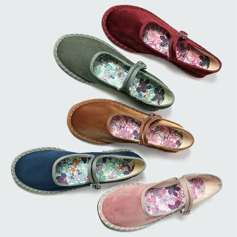 2026 Spring Designer Ballet Flats for Women Luxury Velvet Floral Pattern Buckle Design Mary Jane Shoes Elegant Party Dress Shoes