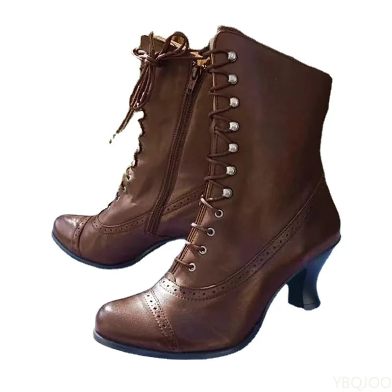 2025 Winter Lace Up Ladies High Heel Shoes Motocycle Boot Victorian Boots Women Fashion Pointed Toe Thick Soled Short Boot