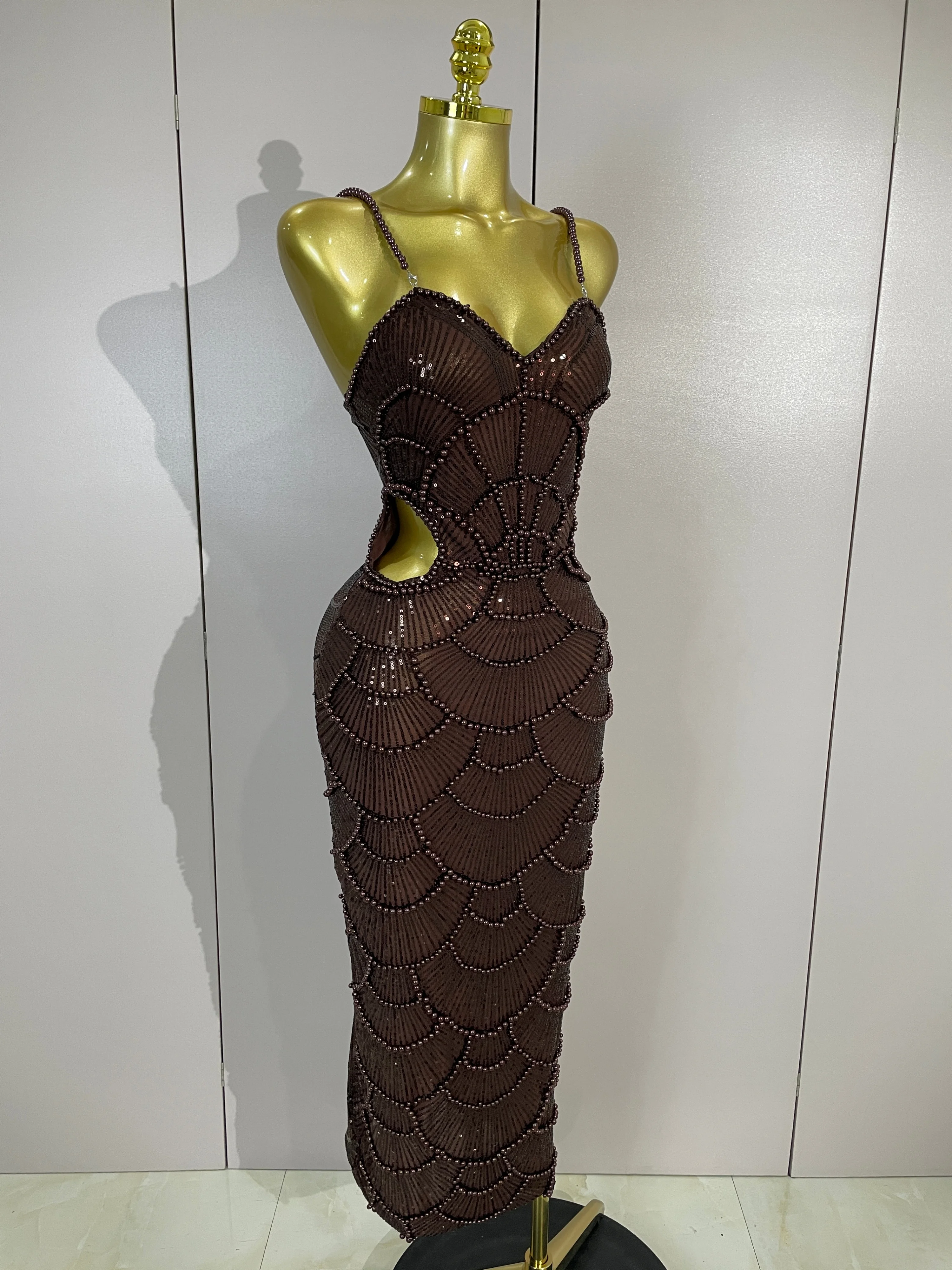 Elegance Pearl Beading Sequins Sleeveless Sexy Strap Bodycon Long Dress Women Celebrate Evening Party Birthday Outfit Vestido