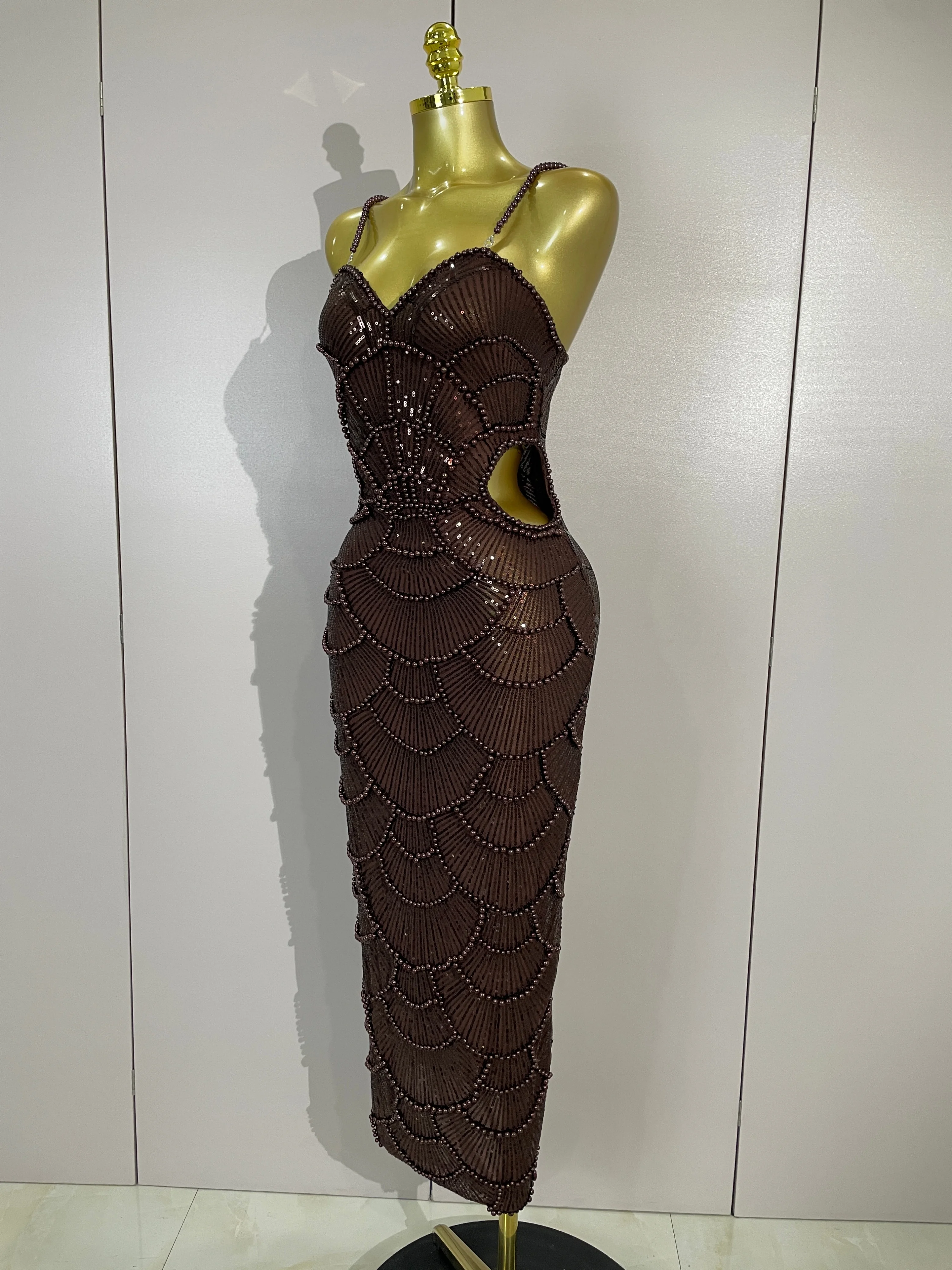Elegance Pearl Beading Sequins Sleeveless Sexy Strap Bodycon Long Dress Women Celebrate Evening Party Birthday Outfit Vestido