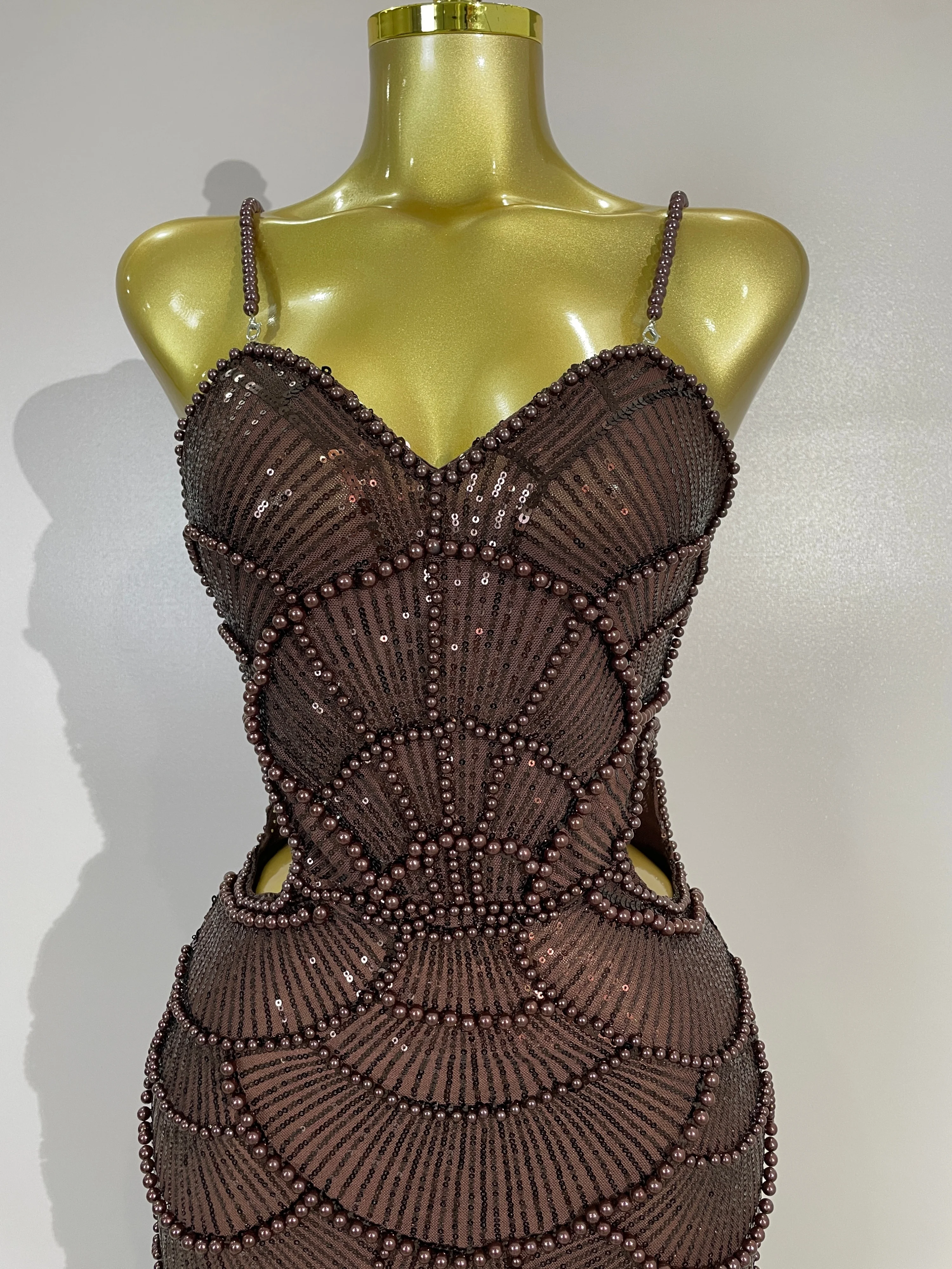 Elegance Pearl Beading Sequins Sleeveless Sexy Strap Bodycon Long Dress Women Celebrate Evening Party Birthday Outfit Vestido