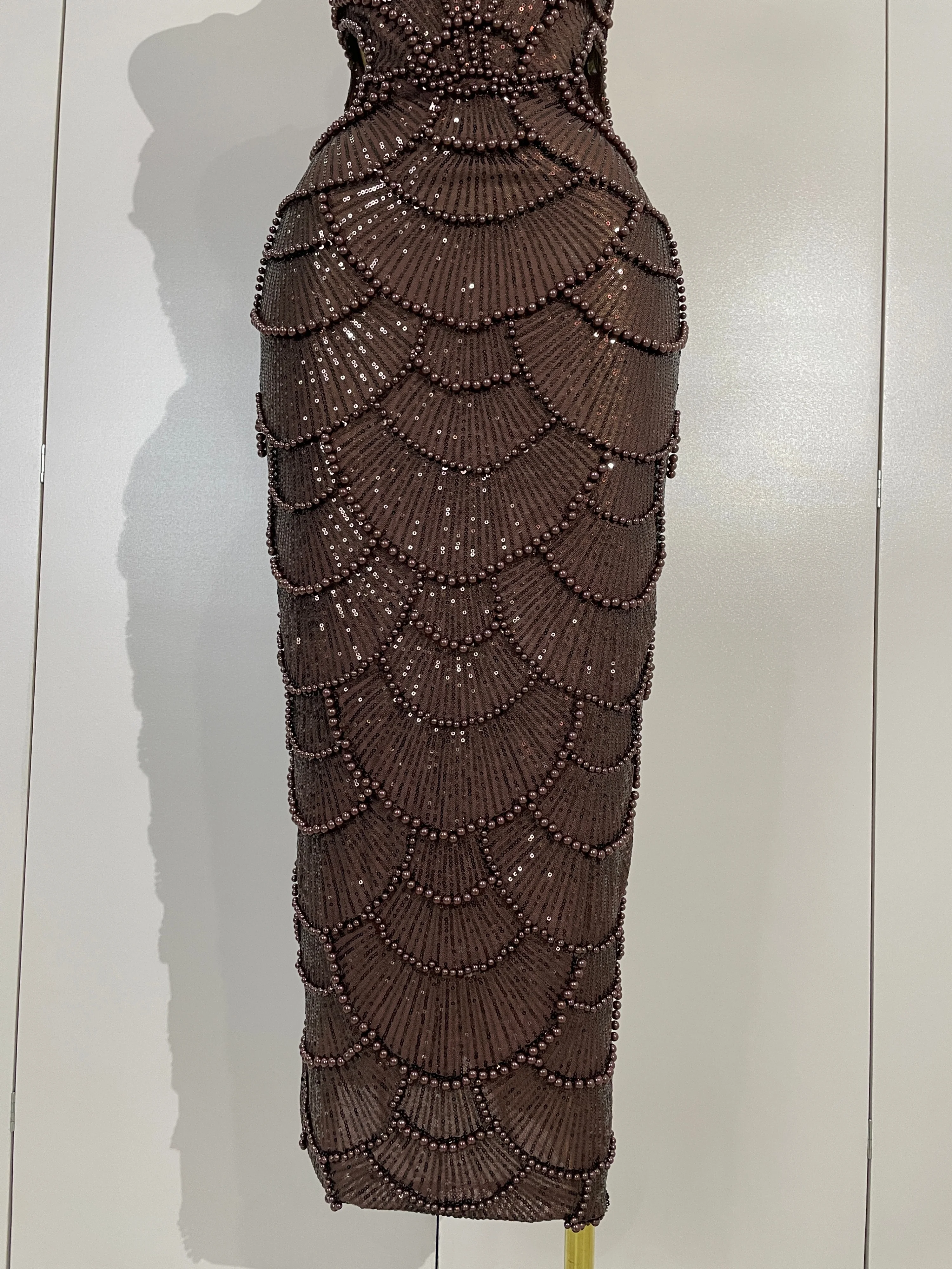 Elegance Pearl Beading Sequins Sleeveless Sexy Strap Bodycon Long Dress Women Celebrate Evening Party Birthday Outfit Vestido