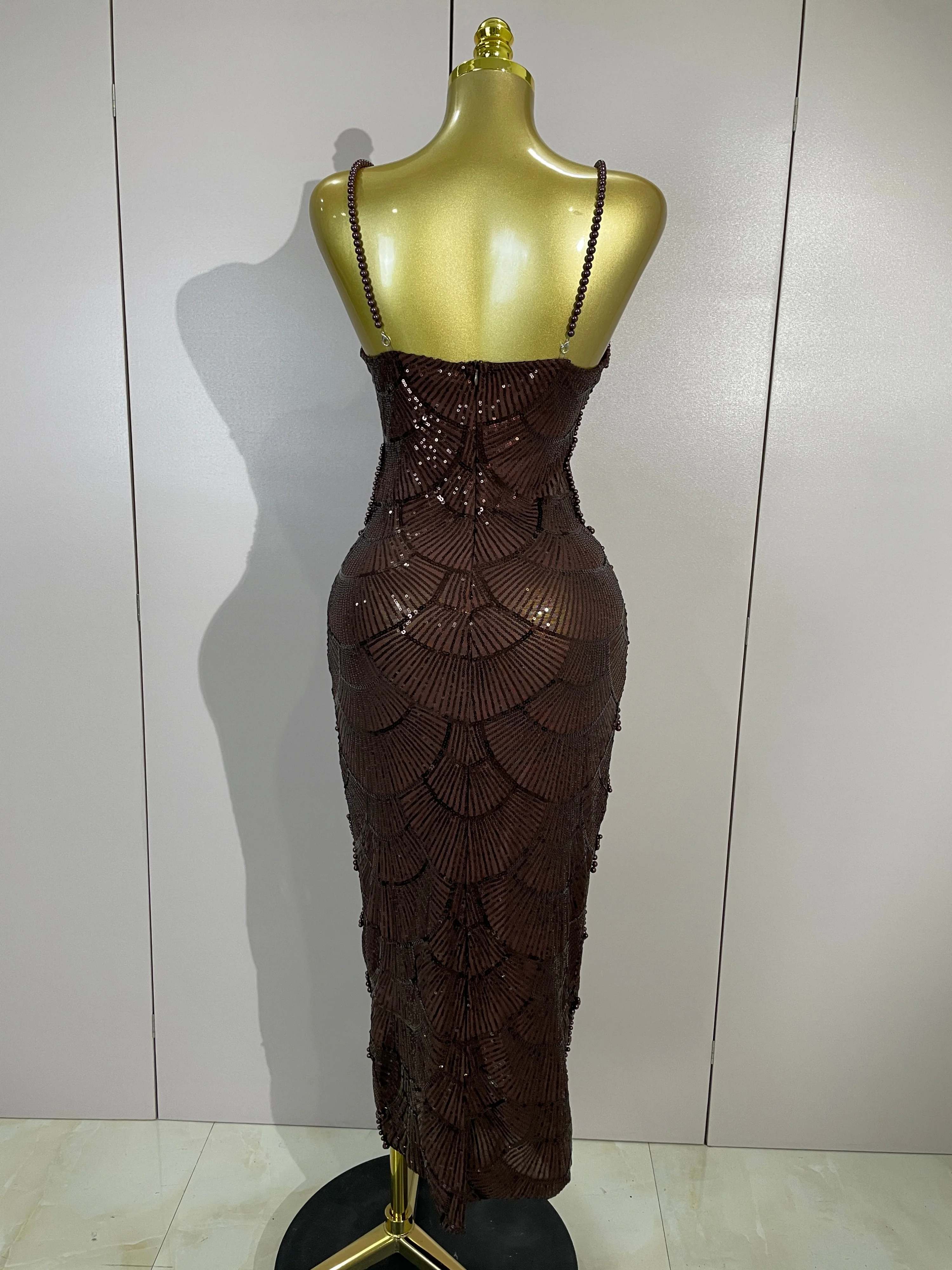 Elegance Pearl Beading Sequins Sleeveless Sexy Strap Bodycon Long Dress Women Celebrate Evening Party Birthday Outfit Vestido